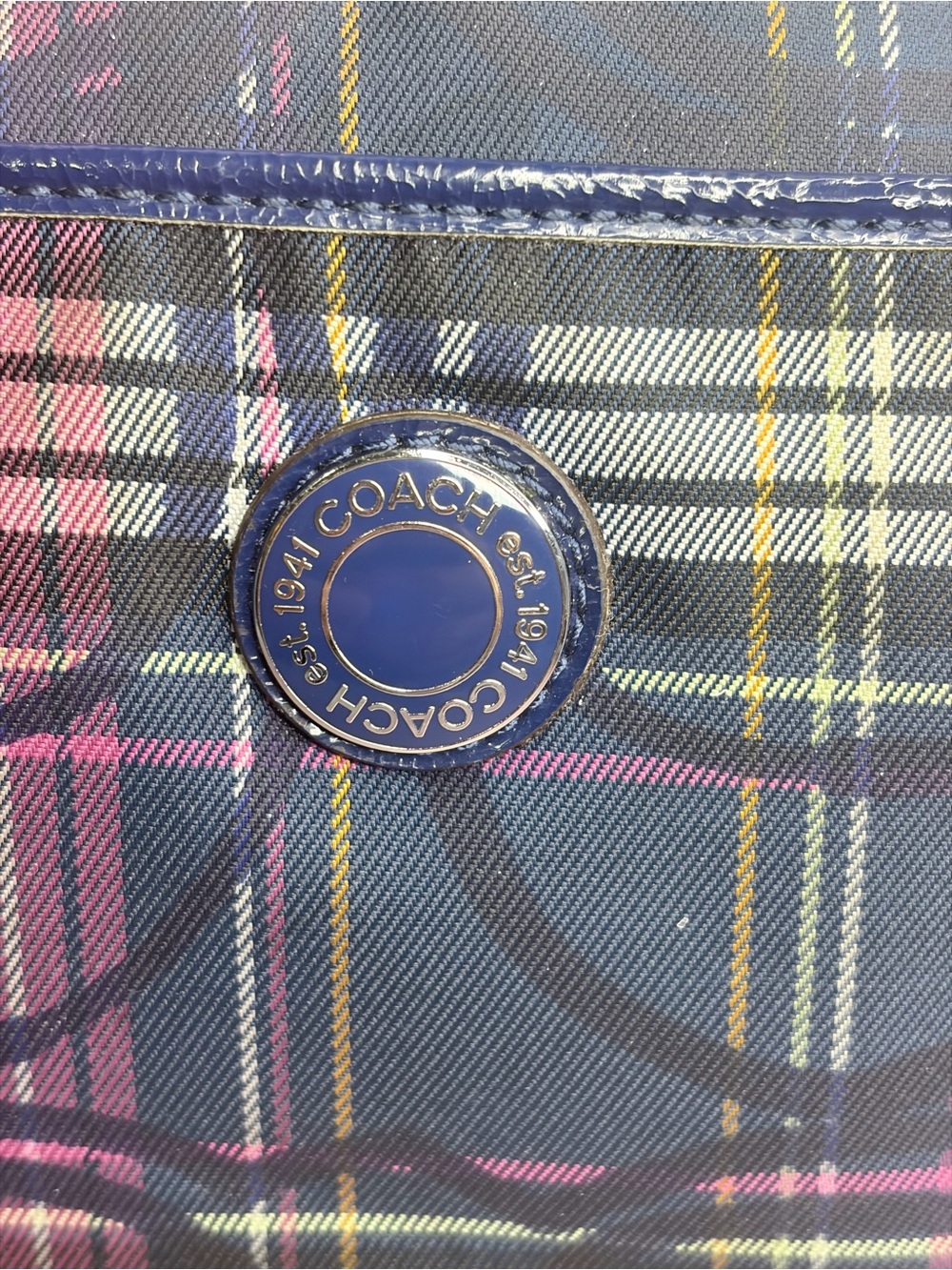 Coach Plaid Tote in Navy, Pink and Yellow